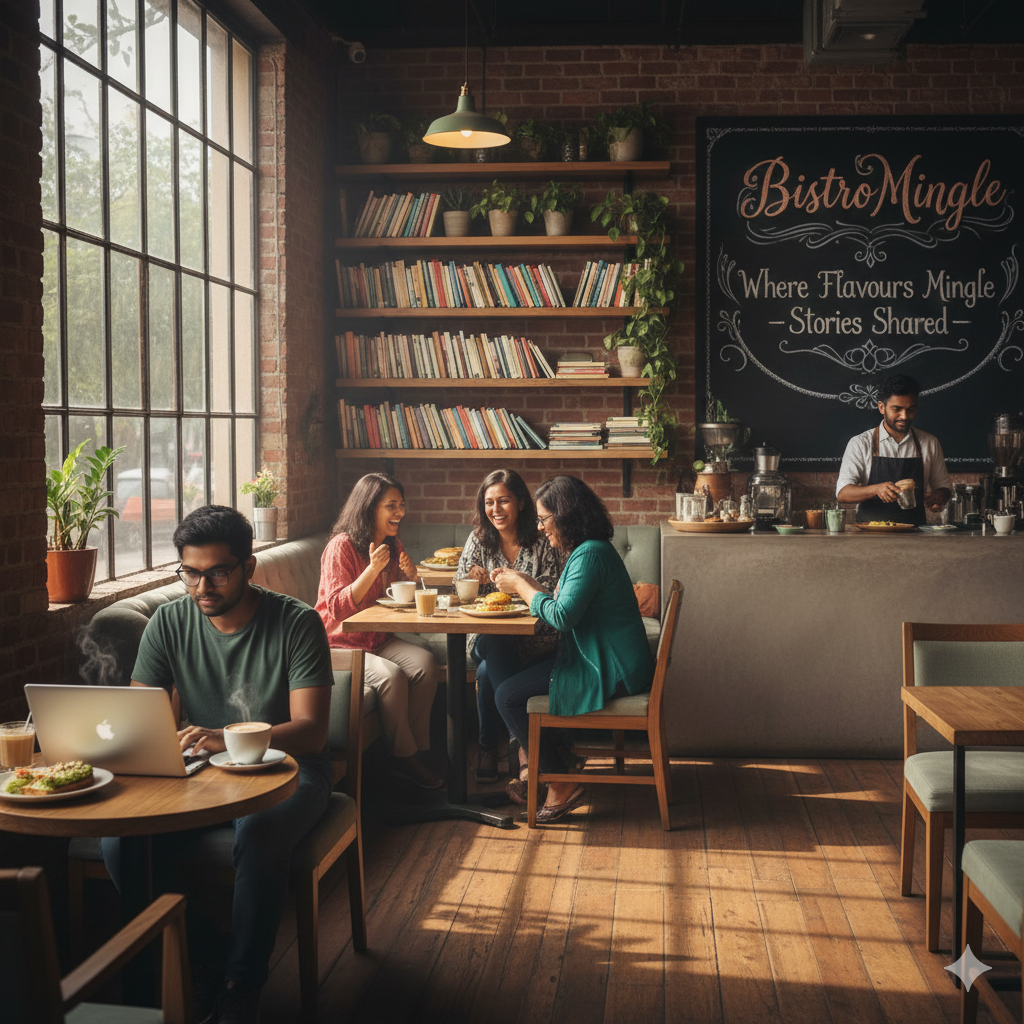 Cafe gallery in Pune with cozy seating and warm lighting at BistroMingle